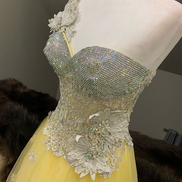 Stunning Floral Lace One Shoulder Party Dress, Rhinestones Ball Gown - Picture 13 of 15